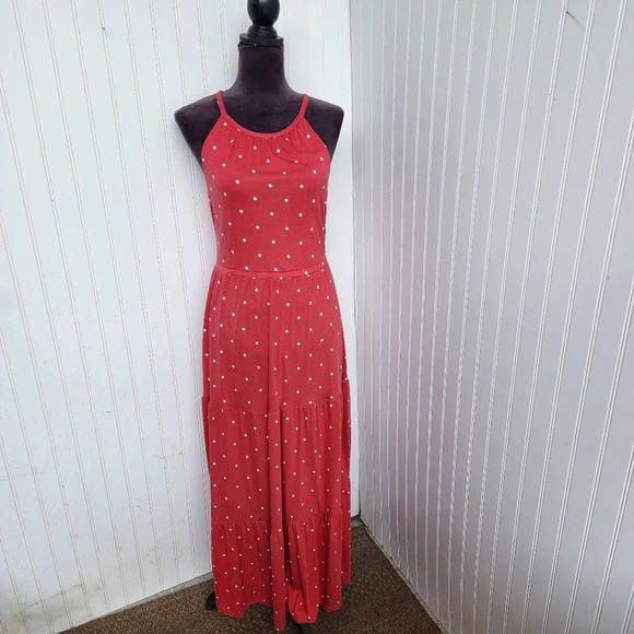 Old Navy Coral Polka Dot Pink Maxi Dress Sleeveless Dress Halter Keyhole Rayon S - Picture 2 of 14